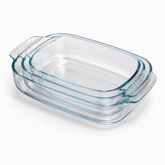 3 rectangular clear glass baking dishes with handles nested together