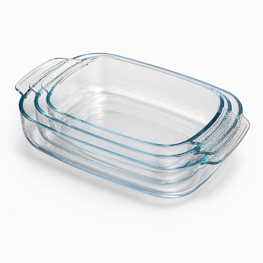 3 rectangular clear glass baking dishes with handles nested together