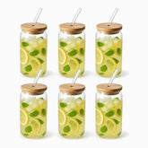 Glass Cups with Bamboo Lids & Straws set of 6, 550ml, filled with mint lemonade