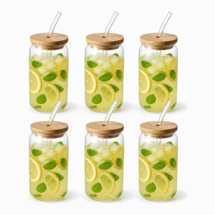Glass Cups with Bamboo Lids & Straws set of 6, 550ml, filled with mint lemonade