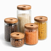 Glass Storage Jars with Burnt Wood Lids, Set of 5 - ribbed jars filled with rice, beans, lentils and pasta