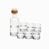 Glass Jug with Ball Lid & 6 Cups - clear glass carafe with wooden ball stopper and 6 glasses