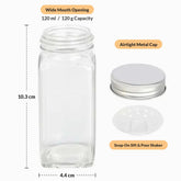 Glass spice jar 120ml dimensions 10.3 x 4.4 cm with airtight metal cap and snap-on sift and pour shaker