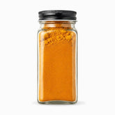 Square glass spice jar 120ml with black metal lid filled with turmeric