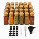 24 square glass spice jars with bamboo lids, chalkboard labels, chalk marker, cleaning brush and funnel