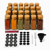24 glass spice jars with bamboo lids, black round Arabic and English spice labels, blank labels and accessories