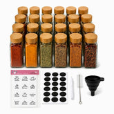 24 glass spice jars with bamboo lids, clear Arabic and English spice labels, blank labels and accessories