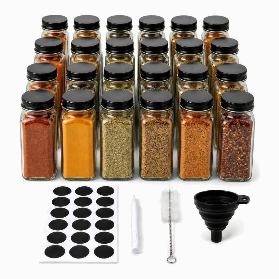 Glass Spice Jar Set 120ml - 24 square jars with black lids, chalkboard labels, chalk marker, cleaning brush and funnel