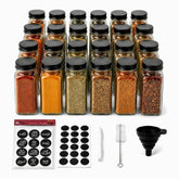 24 glass spice jars with black lids, black round Arabic and English spice labels, blank labels and accessories