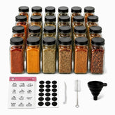 24 glass spice jars with black lids, clear Arabic and English spice labels, blank labels and accessories