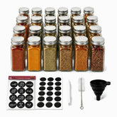 24 glass spice jars with silver lids, black round Arabic and English spice labels, blank labels and accessories