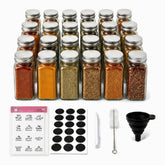 24 glass spice jars with silver lids, clear Arabic and English spice labels, blank labels and accessories