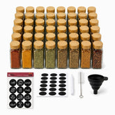 48 glass spice jars with bamboo lids, black round Arabic and English spice labels, blank labels and accessories