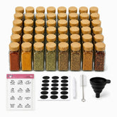 48 glass spice jars with bamboo lids, clear Arabic and English spice labels, blank labels and accessories
