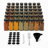 48 square glass spice jars with black lids, chalkboard labels, chalk marker, cleaning brush and funnel