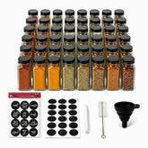48 glass spice jars with black lids, black round Arabic and English spice labels, blank labels and accessories