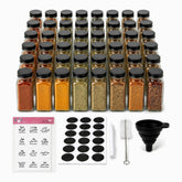 48 glass spice jars with black lids, clear Arabic and English spice labels, blank labels and accessories