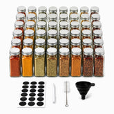 48 square glass spice jars with silver lids, chalkboard labels, chalk marker, cleaning brush and funnel