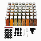 48 glass spice jars with silver lids, black round Arabic and English spice labels, blank labels and accessories