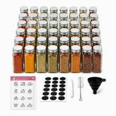 48 glass spice jars with silver lids, clear Arabic and English spice labels, blank labels and accessories
