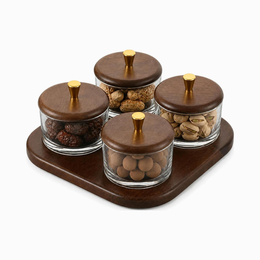 Glass Storage Jar Set with Acacia Wood Lids, 4 jars with gold knobs on wooden tray with dates and nuts