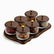 Glass storage jar set of 6 with wood lids and gold knobs on wavy wooden tray with snacks