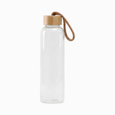 Clear 1L glass water bottle with bamboo screw lid and brown carry strap