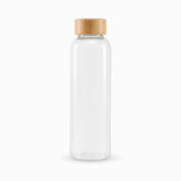 Clear 1L glass water bottle with plain bamboo screw lid, no strap
