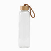 Glass Water Bottle with Bamboo Lid, 1L - clear bottle with carry strap