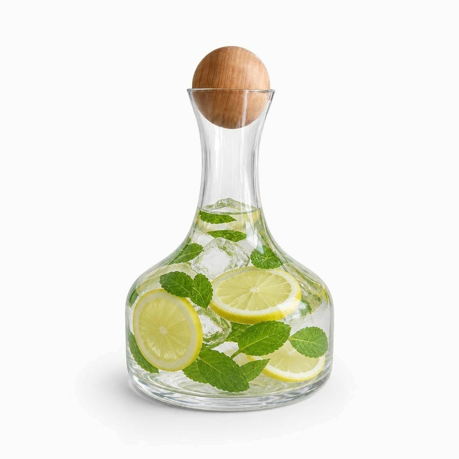 Clear glass carafe with bamboo ball lid filled with lemon slices, mint leaves and ice water