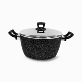 Granite casserole pot with polished stainless steel lid and two black speckled side handles