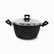 Granite casserole pot with polished stainless steel lid and two black speckled side handles