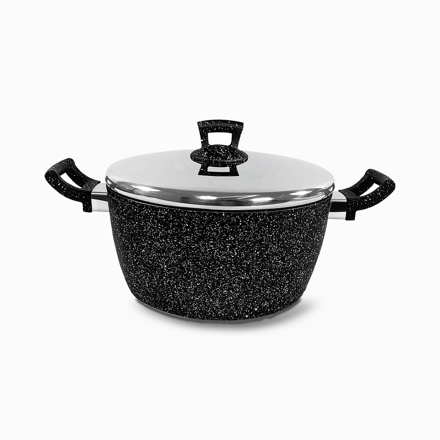 Granite casserole pot with polished stainless steel lid and two black speckled side handles