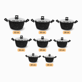 Eight granite casserole pots with stainless steel lids lined up from 18 to 32 cm with size labels