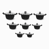 Eight granite casserole pots with stainless steel lids lined up from the largest to the smallest size