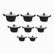 Eight granite casserole pots with stainless steel lids lined up from the largest to the smallest size