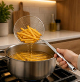 Hand lifting golden fries out of hot oil with a stainless steel spider skimmer over a pot