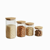 Hexagonal Glass Storage Jar with Airtight Bamboo Lid - 4 sizes with rice, almonds, oats and hazelnuts
