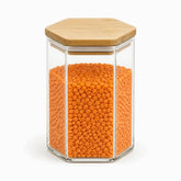 Hexagonal glass jar with bamboo lid, 10x13cm, filled with red lentils