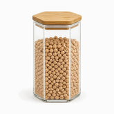 Hexagonal glass jar with bamboo lid, 10x16cm, filled with chickpeas