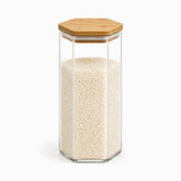 Tall hexagonal glass jar with bamboo lid, 10x20cm, filled with white rice