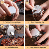 How to use the spice jar shaker lid: twist off the cap, open the shaker flap, sprinkle or pour, close tightly