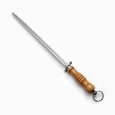Knife sharpening steel with long honing rod, metal guard, wooden handle and hanging ring