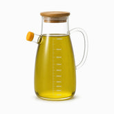 1 liter glass olive oil jug with measuring scale up to 1000 ml, bamboo lid and yellow spout cap