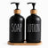 Matte black soap and lotion pump bottles with bamboo collars standing on an oval bamboo tray