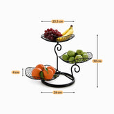 3-tier metal fruit basket stand dimensions 32 cm high, 26 cm base, 25.5 cm baskets, 4 cm deep