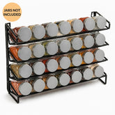 Black metal 4-tier spice rack holding 28 spice jars with silver lids, jars not included