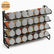 Black metal 4-tier spice rack holding 28 spice jars with silver lids, jars not included