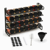 Black metal 4-tier spice rack with 28 glass jars with black lids, blank chalkboard labels, chalk marker, brush and funnel