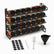 Black metal 4-tier spice rack with 28 glass jars with black lids, blank chalkboard labels, chalk marker, brush and funnel